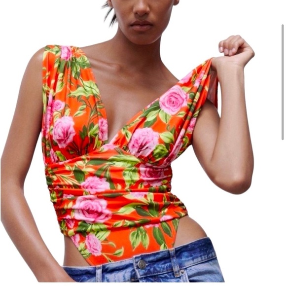 Zara Tropical Floral Orange and Pink Bodysuit Size Small - Picture 1 of 6